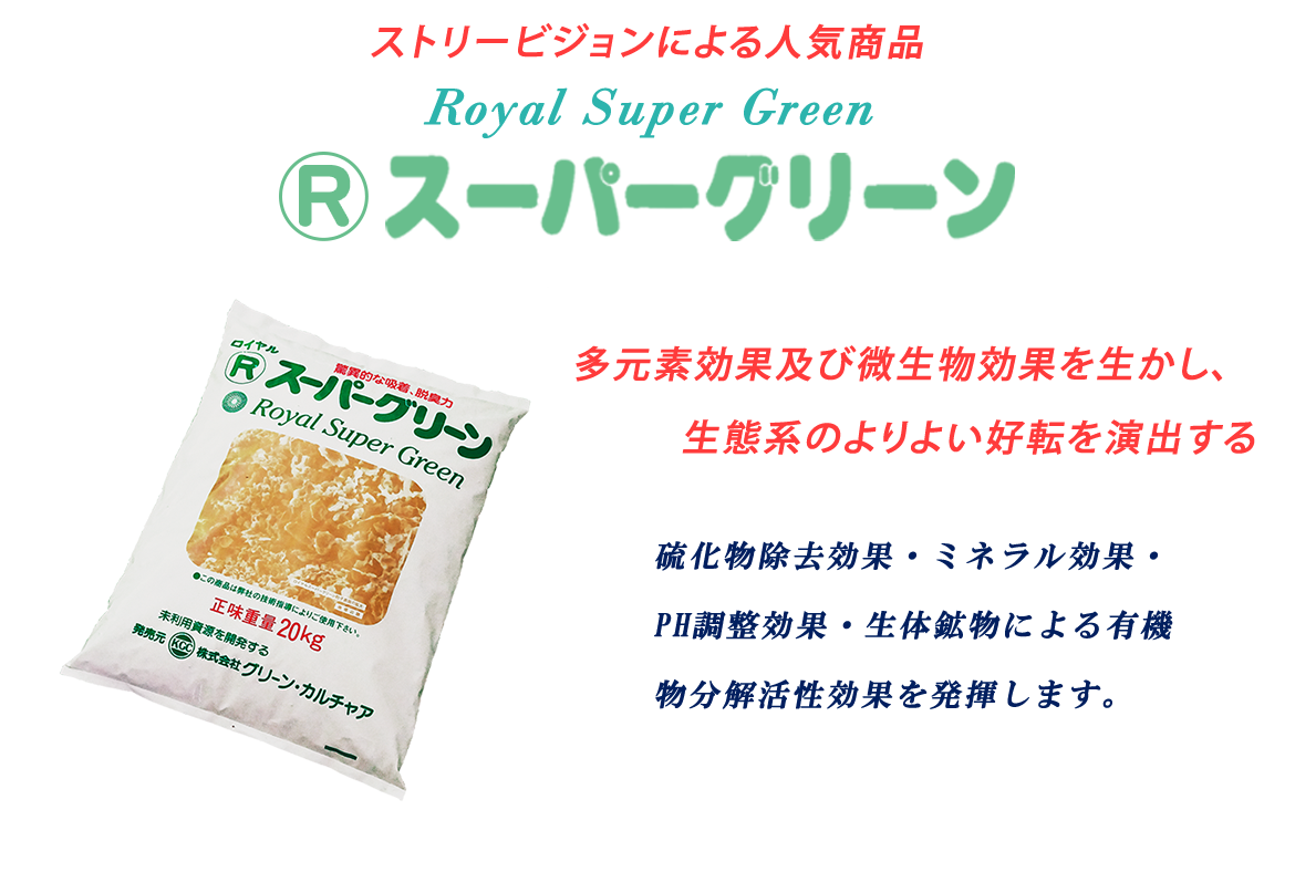 ストリービジョンによる人気商品　スーパーグリーン　多元素効果及び微生物効果を生かし、         生態系のよりよい好転を演出する硫化物除去効果・ミネラル効果・PH調整効果・生体鉱物による有機物分解活性効果を発揮します。